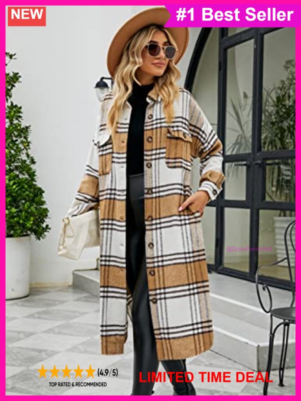 Women's Plaid Wool Blend Shacket Coat Button Up Flap Pockets Long Relaxed Fit - Picture 2 of 6